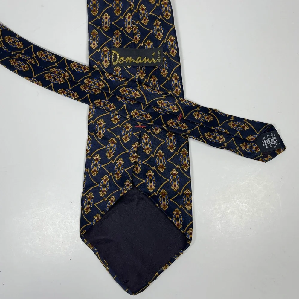 Vintage Domani Necktie Tie Navy Gold Geometric Medallion Italian Silk USA Made